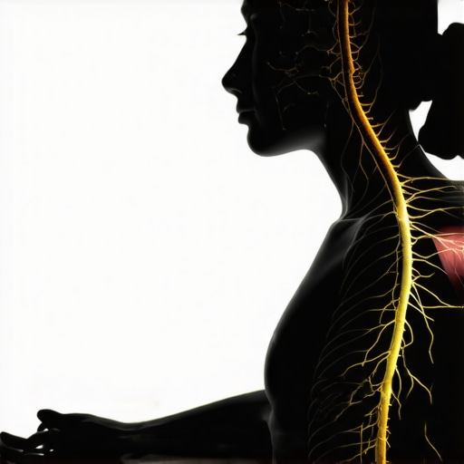 Diagram showing neural pathways linked to muscles with a person performing mindful movement exercises.
