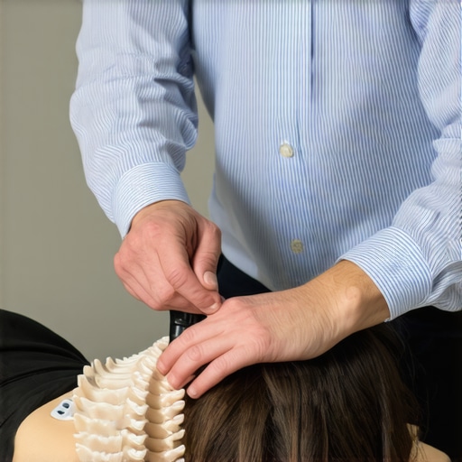 Chiropractor performing spinal adjustment with soft tissue therapy tools, illustrating neuroplasticity and soft tissue interaction.