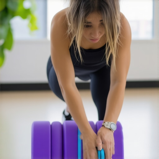 Person using foam roller and resistance bands for spinal health in home gym.