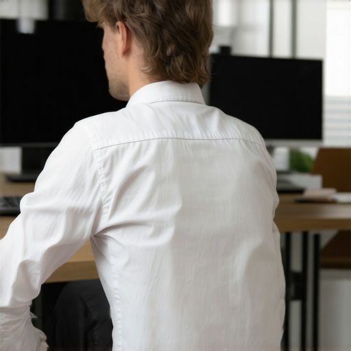 Ergonomic Desk Setup for Better Posture Person sitting with proper ergonomic posture at desk with monitor at eye level