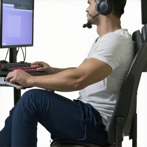 A gamer performing shoulder and neck stretches at their desk with ergonomic accessories