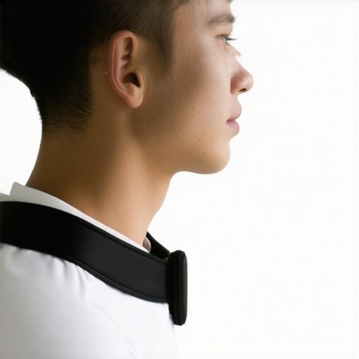 Person using a high-tech posture-correcting wearable device for ongoing posture improvement.