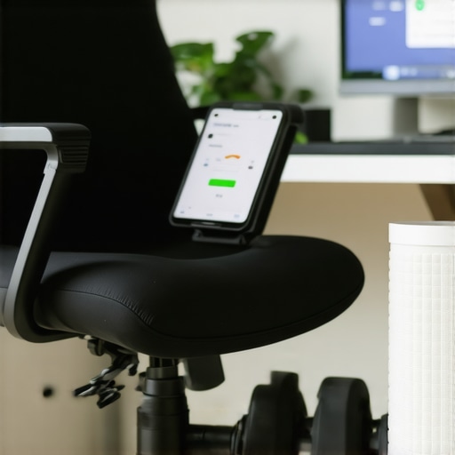 Tools for Maintaining Posture and Mobility A workspace featuring ergonomic chair, foam roller, posture app on phone, and a chiropractor's equipment