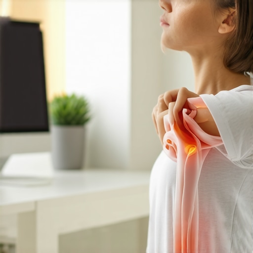 Individual doing neck roll and shoulder squeeze drills in a bright, ergonomic workspace