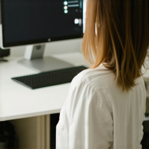Person working at a desk with posture correction tools and biofeedback technology to improve spinal health