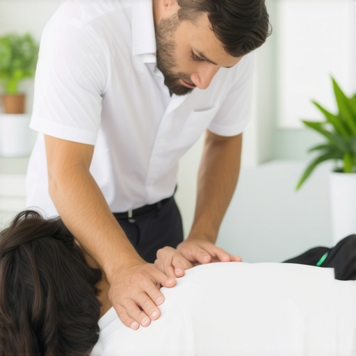 Chiropractor performing spinal adjustment on a patient with focus on upper back and shoulders