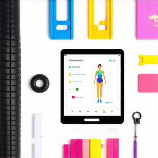 Foam roller, resistance bands, and a tablet showcasing posture app for maintaining spinal health.