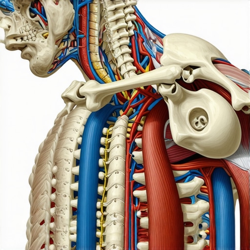 Anatomy of Posture and Nerve Pathways Anatomical illustration showing the human spine, surrounding muscles, and nerves related to posture.