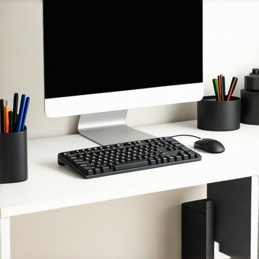 Ergonomic Office with Mobility Support Tools A modern ergonomic workspace featuring adjustable desk, ergonomic accessories, and mobility equipment