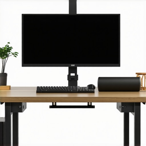 Ergonomic workspace setup with mobility tools Workspace featuring an adjustable monitor arm, foam roller, and stretching equipment for posture maintenance.