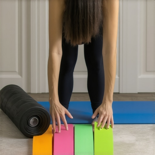 Mobility tools for ongoing posture health Individual demonstrating foam rolling and resistance band exercises at home
