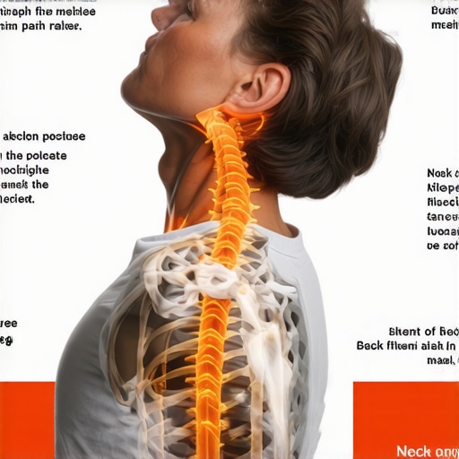 Neck Mobility Exercises and Posture Tips Illustration showing neck stretches, mobility drills, and ergonomic setup for reducing stiffness.
