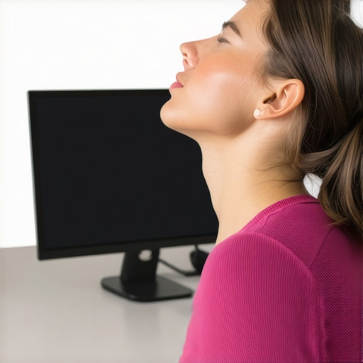 Person doing neck stretch exercises at their workspace.
