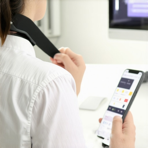 Individual wearing a posture sensor device while working at a desk, illustrating ongoing posture monitoring.