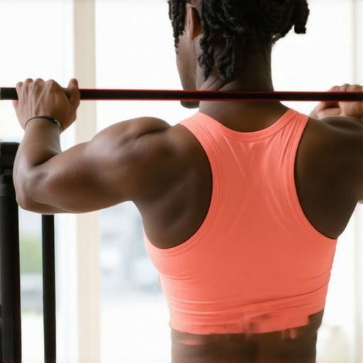 Person exercising shoulder mobility with resistance band at home