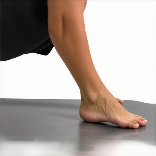 Person stretching and mobilizing their ankle with a resistance band in a gym.