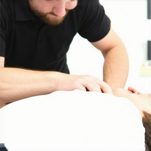 Chiropractor adjusting patient's neck with ergonomic office in background