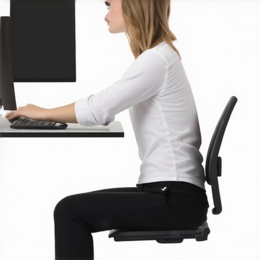 Person sitting with feet flat on the ground, back straight, and monitor at eye level