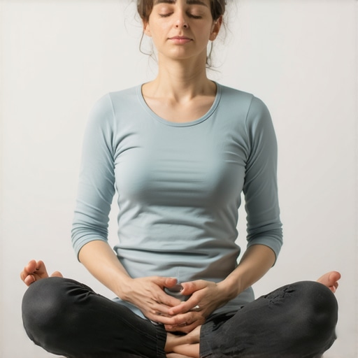 Person demonstrating deep belly breathing in a peaceful setting