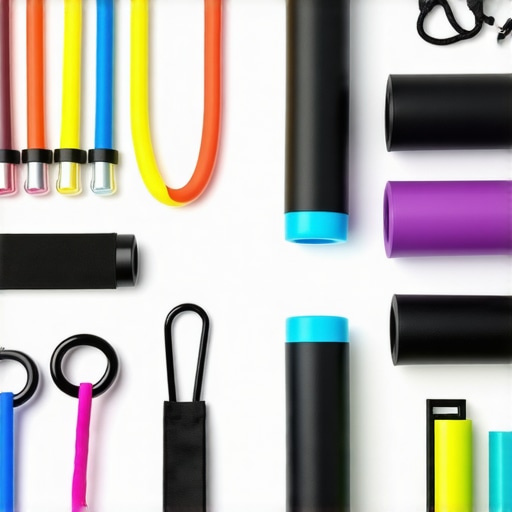 Effective tools for maintaining mobility and posture Array of mobility and posture tools like resistance bands, foam rollers, and tech gadgets neatly arranged on a workspace.