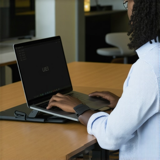 Ergonomic Laptop Stand for Better Posture A person using an adjustable laptop stand at their workspace to improve neck alignment