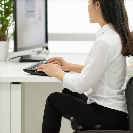 Person adjusting their ergonomic workspace and stretching at their desk
