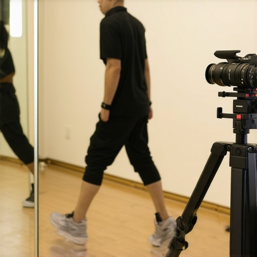 Individual recording their walking pattern in front of a mirror for gait assessment