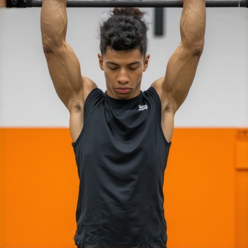 Individual hanging from a pull-up bar demonstrating grip strength and shoulder stability