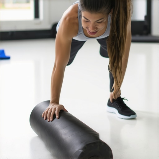 Individual performing foam roller and resistance band exercises for posture enhancement