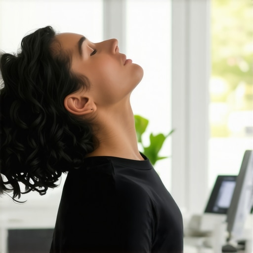 Neck mobility exercises at a workspace Person stretching neck at desk in home office.