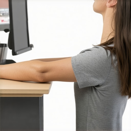 Person stretching neck muscles with proper ergonomic setup at a workspace.