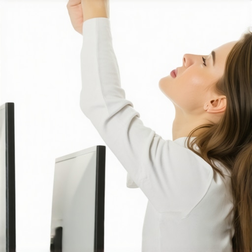 Person doing neck stretches at desk with ergonomic setup