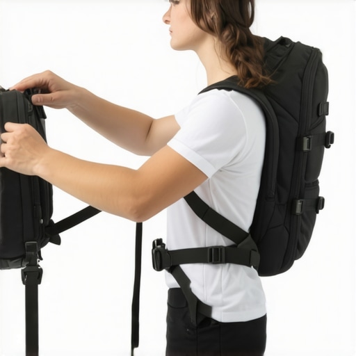Proper Backpack Fit for Posture Individual adjusting backpack straps to maintain upright posture while walking.