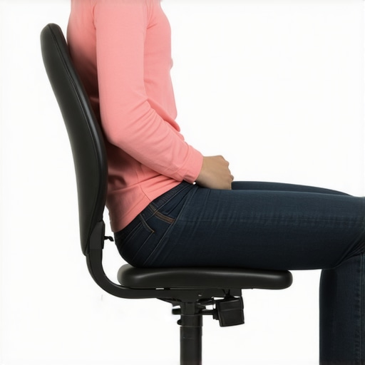 Person adjusting an ergonomic office chair with support cushion, illustrating correct sitting posture.