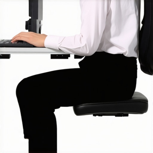 Proper Use of Lumbar Roll for Posture Individual sitting at a desk with a lumbar support cushion maintaining spinal alignment.