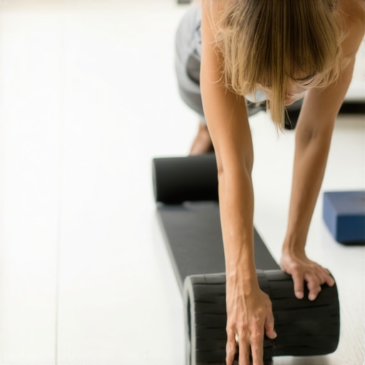 Person rolling out back muscles with foam roller and balancing on a wobble board for mobility.