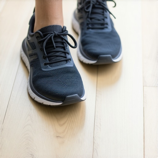 A pair of modern athletic shoes showing cushioned soles and arch support to improve spinal shock absorption.