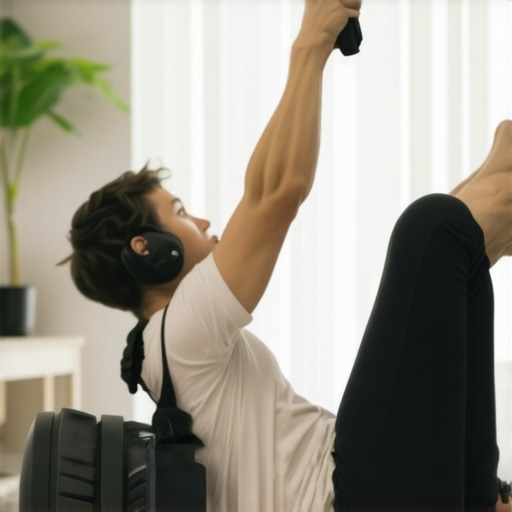 Tools for Posture and Mobility Maintenance Individual performing foam rolling with a cervical traction device and using a posture monitor at home.