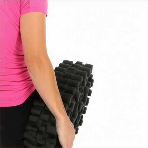 Person rolling their lower back with a foam roller in a well-lit room.
