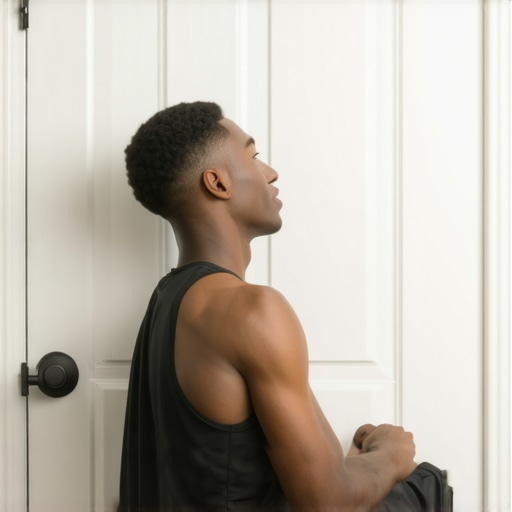 Person doing doorway chest stretch to improve posture and reduce neck hump.
