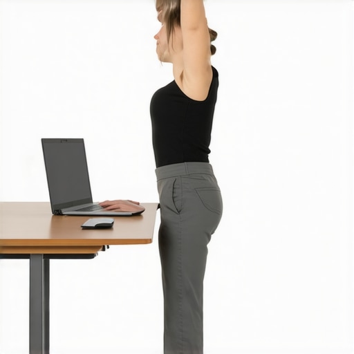 Person stretching at a standing desk to improve mobility