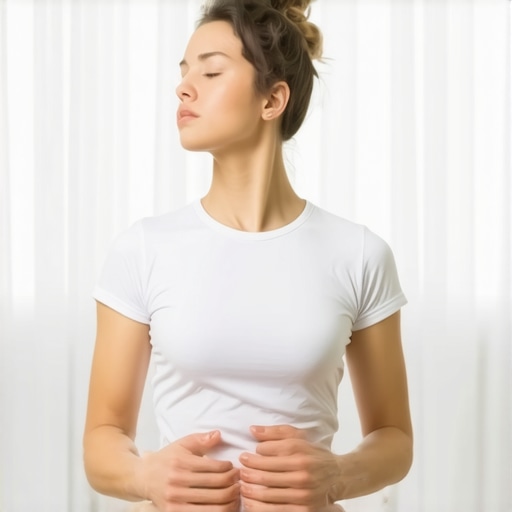 Person practicing deep diaphragmatic breathing to improve rib mobility in a calm environment.