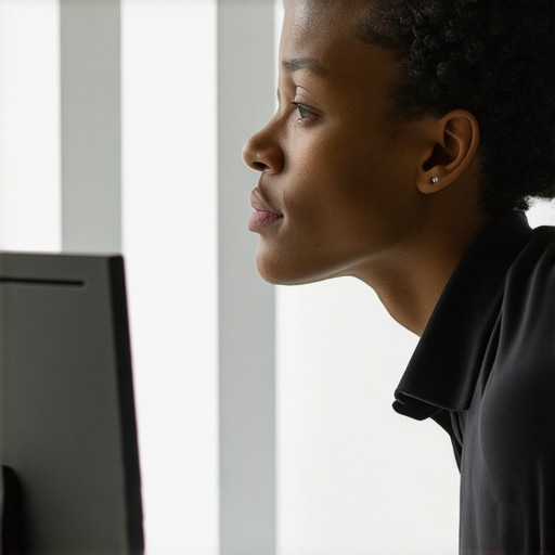 Person stretching chest at work desk with good posture