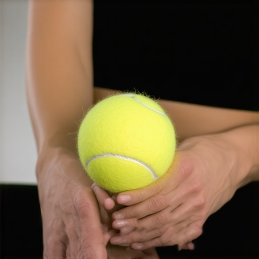Person applying tennis ball pressure on hip muscle for pain relief.