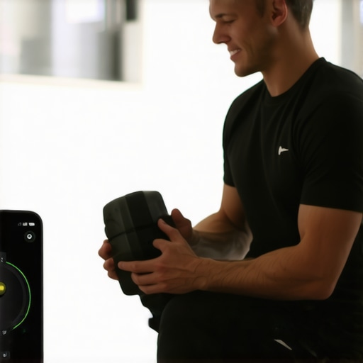 Individual performing foam rolling, wearing posture sensor, and using a mobility app at home.