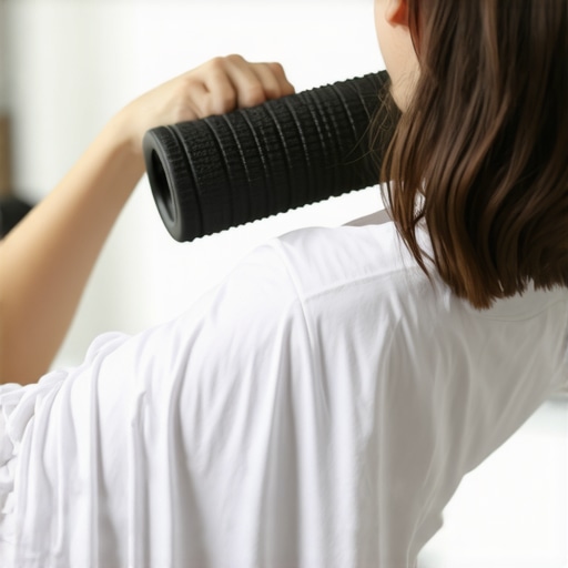Person rolling out upper back muscles with a foam roller for mobility.
