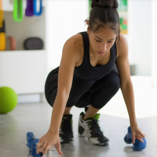 Person stretching their hips using mobility exercises in a home setting.