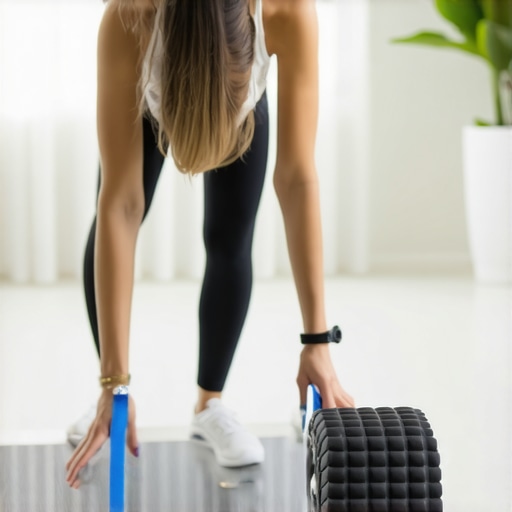 Home Mobility Tools Person performing mobility exercises with foam roller and resistance bands