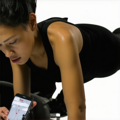 Individual rolling out muscles with foam roller while checking posture app on smartphone