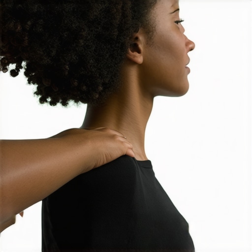 Person stretching neck muscles gently at a workspace